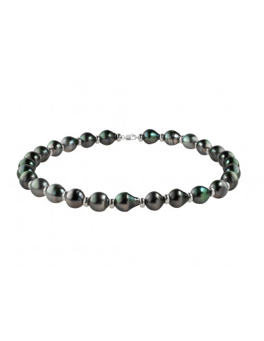 Collier Rang et Viroles Or Blanc et Véritables Perles de Tahiti Cerclées