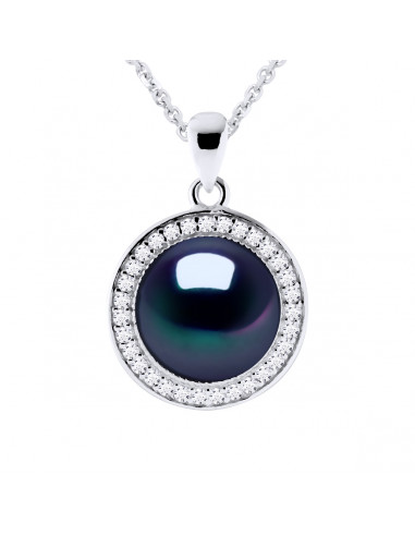 925 silver jewelery necklace, zirconium oxides and 9 mm culture pearl - 2 colors - amber