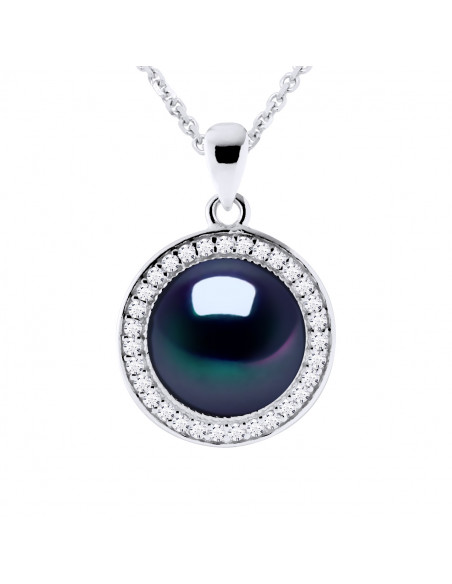 Collier Joaillerie en Argent 925, Oxydes de Zirconium et Perle de Culture 9 mm - 2 Coloris - AMBRE