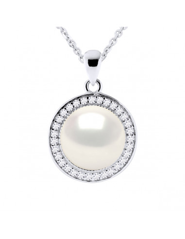 925 silver jewelery necklace, zirconium oxides and 9 mm culture pearl - 2 colors - amber