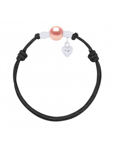 Bracelet Charm Coeur Argent Véritable Perle Noire Cordon Noire