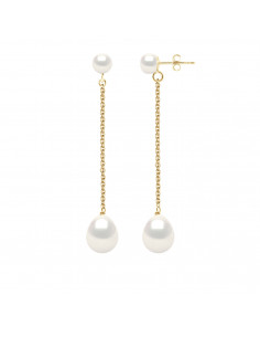 Boucles d'Oreilles Pendantes Doubles en Or et Perles de Culture Poires 9 mm - 2 Coloris - ELENA