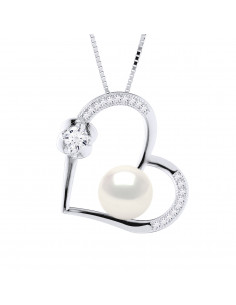 Collier Coeur, Perle de Culture 9 mm et Oxydes de Zirconium - Argent 925 - ANGELA