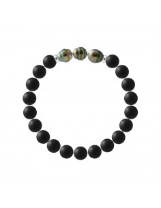 Bracelet 3 Perles de Tahiti Cerclées en Agate Noire Matte - Argent 925 - TAENGA