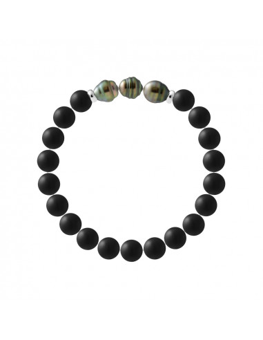 Bracelet 3 Perles de Tahiti Cerclées en Agate Noire Matte - Argent 925 - TAENGA