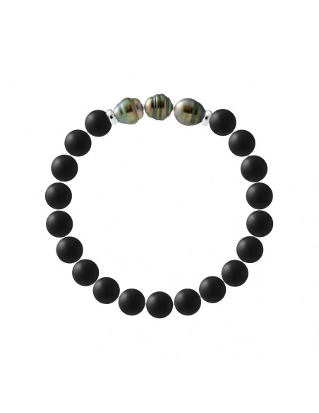 Bracelet 3 Perles de Tahiti Cerclées en Agate Noire Matte - Argent 925 - TAENGA