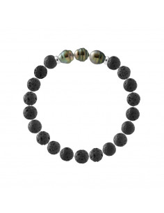 Bracelet 3 Perles de Tahiti Cerclées en Pierre de Lave Naturelle - Argent 925 - TAENGA