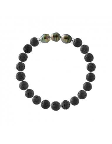 Bracelet 3 Perles de Tahiti Cerclées en Pierre de Lave Naturelle - Argent 925 - TAENGA