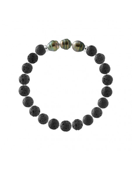 Bracelet 3 Perles de Tahiti Cerclées en Pierre de Lave Naturelle - Argent 925 - TAENGA