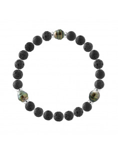 Armband 3 Tahiti Perlen Kreisfilets Natürliche Lava Stein - Silber 925 - Ipama