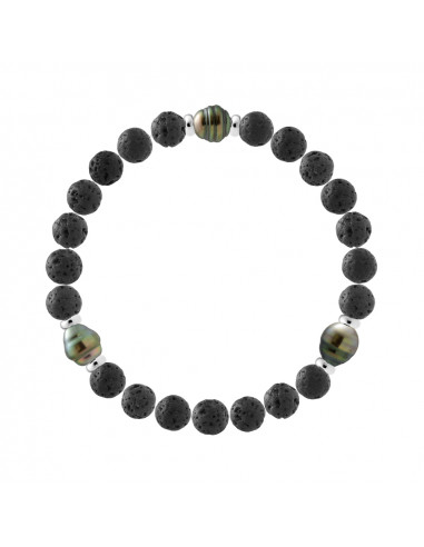 Bracelet 3 Perles de Tahiti Cerclées en Pierre de Lave Naturelle - Argent 925 - IPAMA