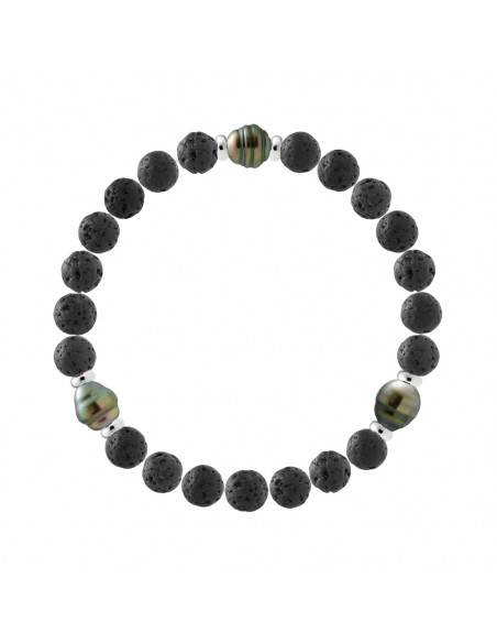 Bracelet 3 Perles de Tahiti Cerclées en Pierre de Lave Naturelle - Argent 925 - IPAMA