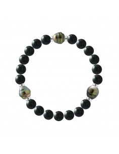 Bracelet 3 Perles de Tahiti Cerclées en Onyx Noir - Argent 925 - IPAMA