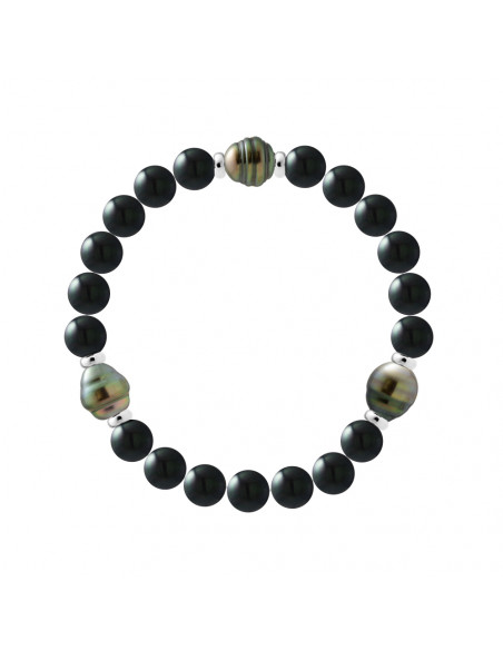 Bracelet 3 Perles de Tahiti Cerclées en Onyx Noir - Argent 925 - IPAMA