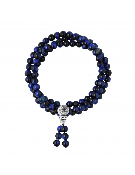 Bracelet de Méditation Triple Rang en Oeil de Faucon - Fermoir Tibétain  - Argent 925  - YUNA