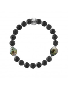 Bracelet Tikki et Perles de Tahiti Cerclées en Pierre de Lave - Argent 925 - RAPANUI