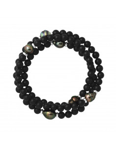 Bracelet Triple 6 Perles de Tahiti en Agate Noire Matte - Argent 925 - KAMARU