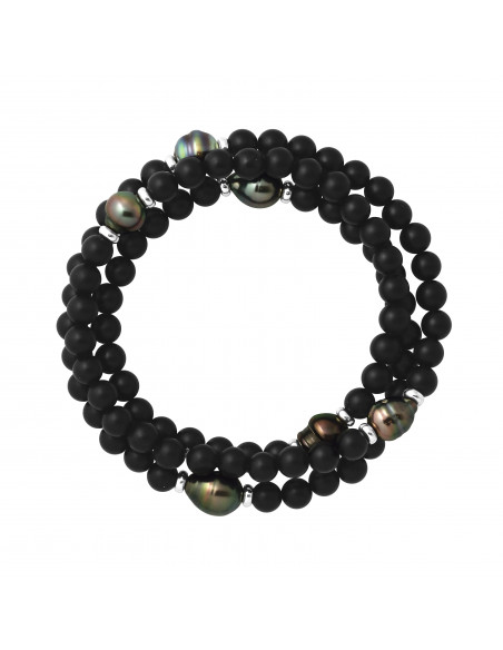 Bracelet Triple 6 Perles de Tahiti en Agate Noire Matte - Argent 925 - KAMARU