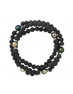 Bracelet Triple 6 Perles de Tahiti en Pierre de Lave - Argent 925 - KAMARU