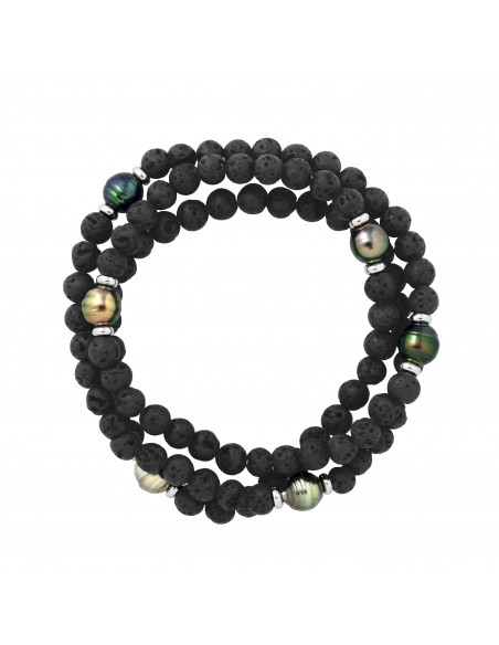 Bracelet Triple 6 Perles de Tahiti en Pierre de Lave - Argent 925 - KAMARU