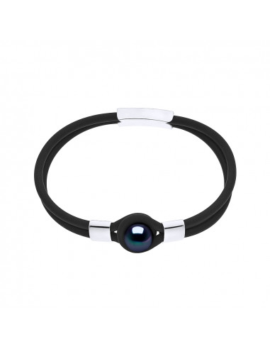 Bracelet Double en Néoprène avec Perle de Culture Noire  - Argent 925 - ZARO