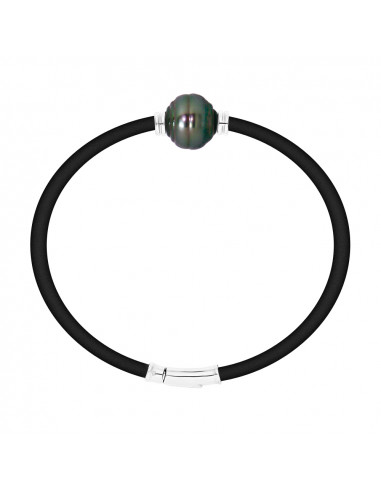 Bracelet Néoprène et Véritable Perle de Tahiti Cerclée Viroles Gravées Argent