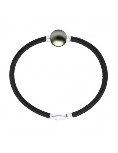 Bracelet Cuir Noir et Perle de Tahiti Viroles et Fermoir Argent