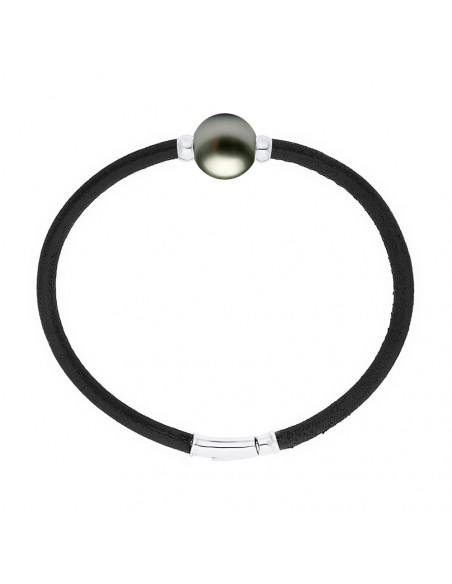 Bracelet Cuir Noir et Perle de Tahiti Viroles et Fermoir Argent
