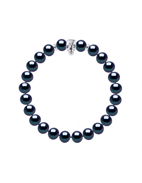 Bracelet Tête de Mort Perles de Culture Noires - Argent 925 - SKULL