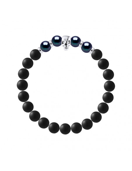 Bracelet Tête de Mort Perles de Culture Noires en Agate Noire Matte - Argent 925 - NOPI