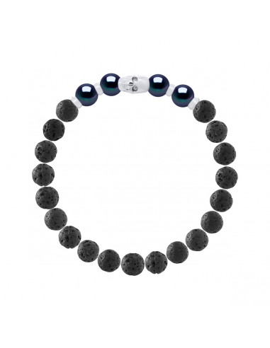 Bracelet Tête de Mort Perles de Culture Noires en Pierre de Lave - Argent 925 - DOLMA