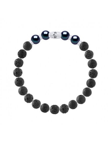 Bracelet Tête de Mort Perles de Culture Noires en Pierre de Lave - Argent 925 - DOLMA