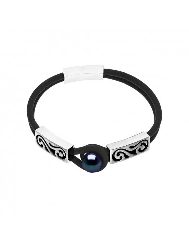Bracelet Double en Néoprène avec Perle de Culture Noire  - Argent 925 - INAIA