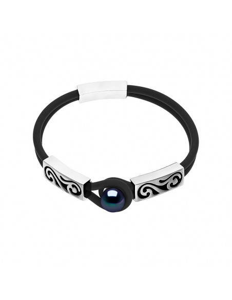Bracelet Double en Néoprène avec Perle de Culture Noire  - Argent 925 - INAIA