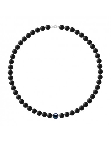 Collier Perle de Culture Noire en Agate Noire Matte - Argent 925 - TIMOR