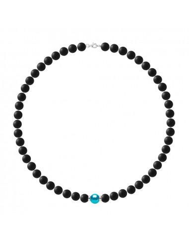 Collier Perle de Culture Turquoise en Agate Noire Matte - Argent 925 - TIMOR