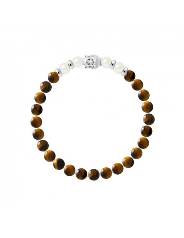 Bracelet Buddah Perles de Culture Blanches 6-7 mm et Oeil de Tigre en Argent 925 - BUDDAH
