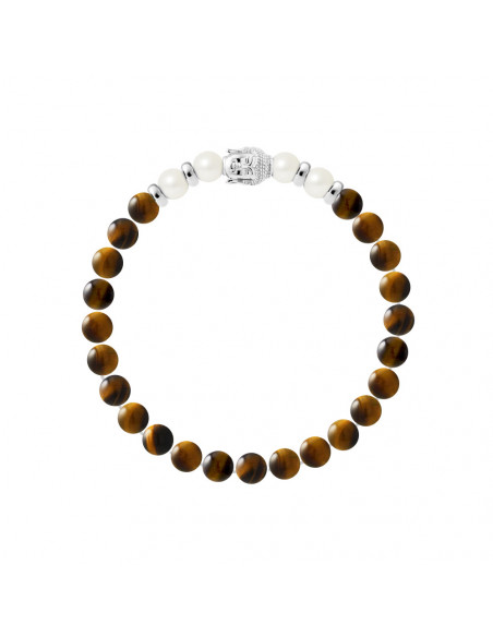 Bracelet Buddah Perles de Culture Blanches 6-7 mm et Oeil de Tigre en Argent 925 - BUDDAH