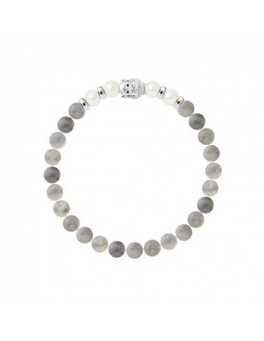 Bracelet Buddah Perles de Cultures Rondes 6-7 mm et Quartz Fumé en Argent 925 - BUDDAH