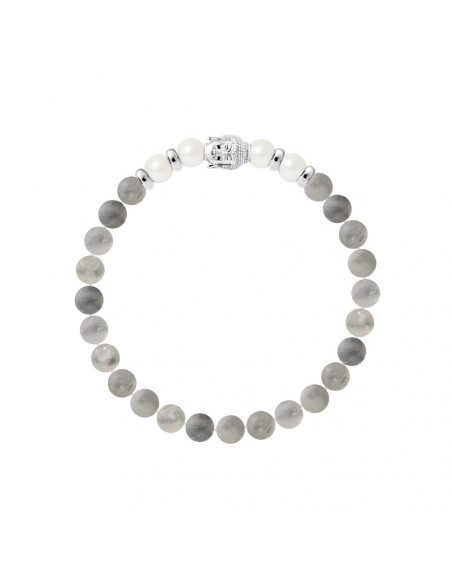 Bracelet Buddah Perles de Cultures Rondes 6-7 mm et Quartz Fumé en Argent 925 - BUDDAH