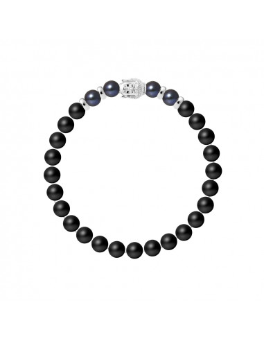 Bracelet Buddah Perles de Culture Noires et Agate Noire en Argent 925 - BUDDAH