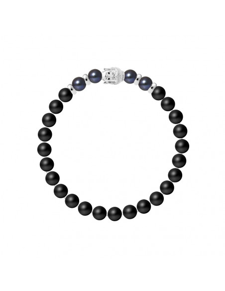 Bracelet Buddah Perles de Culture Noires et Agate Noire en Argent 925 - BUDDAH
