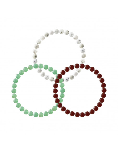 Set de 3 Bracelets de Gemmes Prodigieuses Aventurine Verte - Howlite Blanche - Agate Rouge - ONA