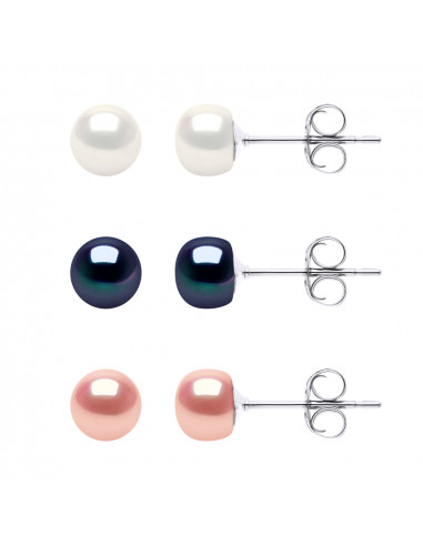 Coffret 3 Paires de Boucles d'Oreilles Perles de Culture  6 mm en Argent 925 - MILA