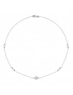 Collier Argent Pendentif Boule sertie Crystal Blanc et Véritable Perle