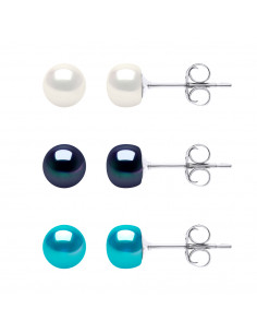 Coffret 3 Paires de Boucles d'Oreilles Perles de Culture 6 mm - Argent 925 - ENORA BLUE