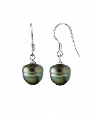 Boucles d'Oreilles Pendantes en Argent 925 avec Perles de Tahiti Cerclées 9 mm - NAKAMA