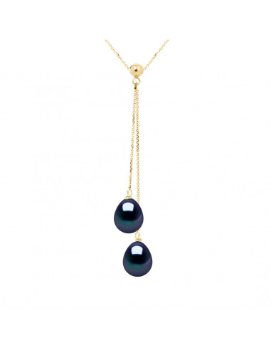 Collier Toi et Moi Or Blanc Véritable Perle Blanche et Noire