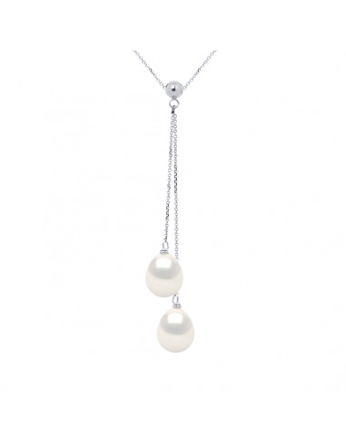 Collier Toi et Moi Or Blanc Véritable Perle Blanche et Noire