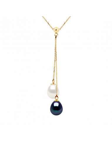 Collier Toi et Moi Or Blanc Véritable Perle Blanche et Noire
